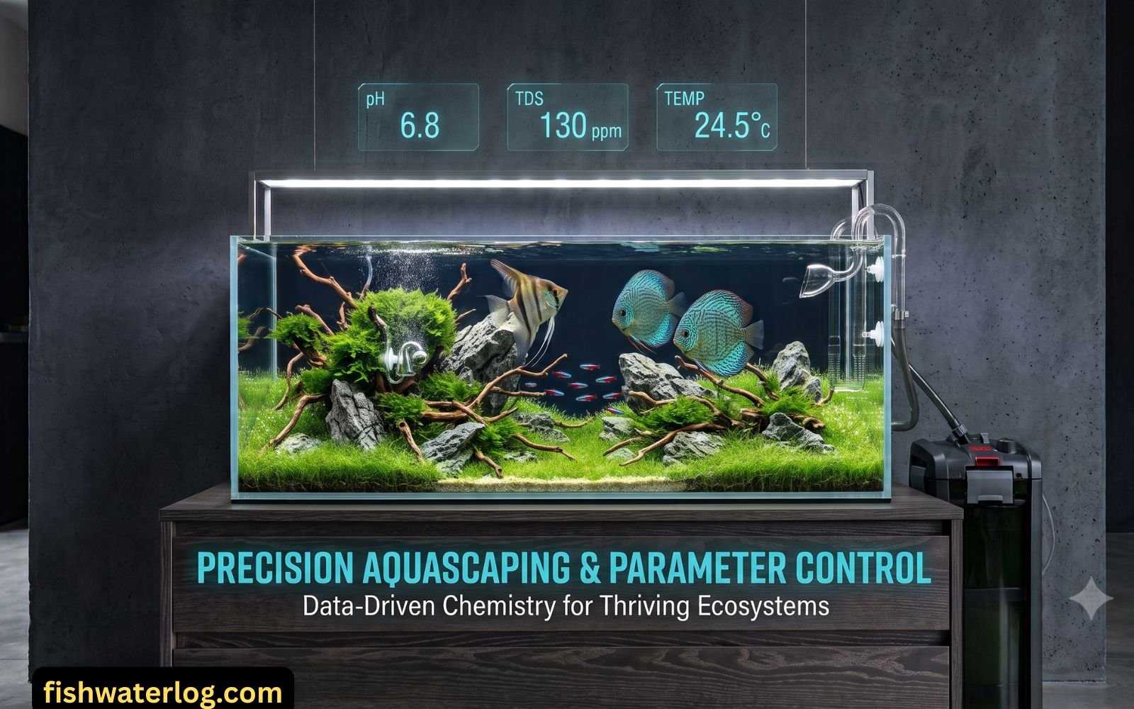Professional freshwater aquascape tank setup with angelfish, discus, external filtration, and telemetry overlays for pH, TDS, and temperature.