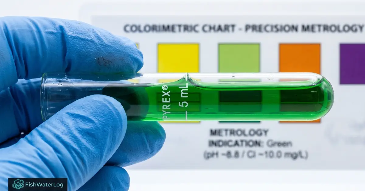 Liquid reagent ammonia test vial showing green indosalicylate reaction against a colorimetric chart.