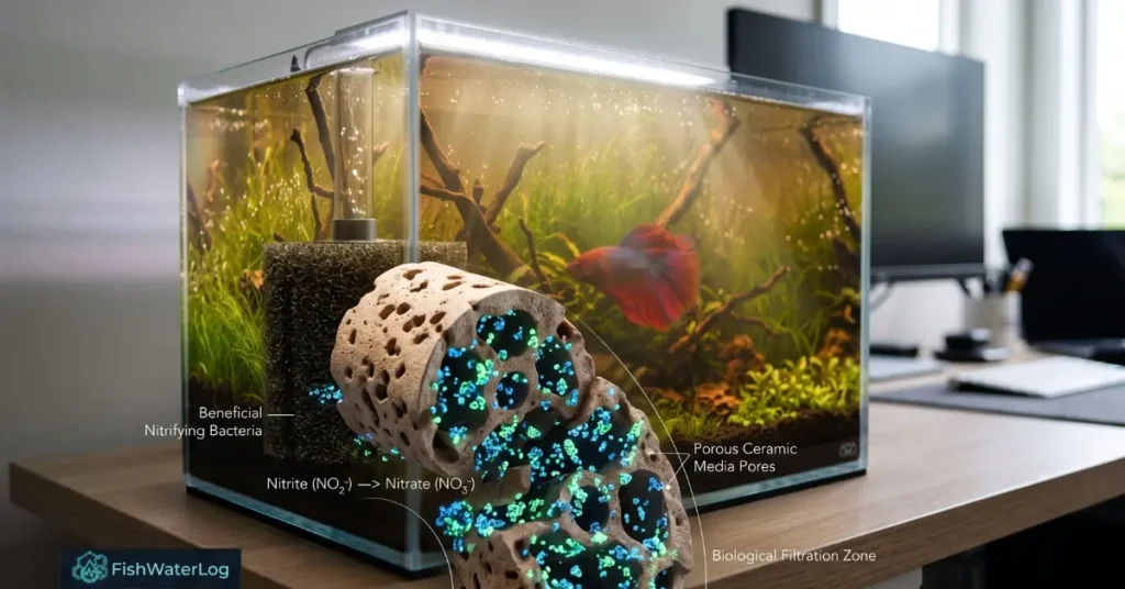 Cross-section diagram of porous ceramic filter media showing autotrophic nitrifying bacteria colonizing pores for biological filtration in a nano tank.