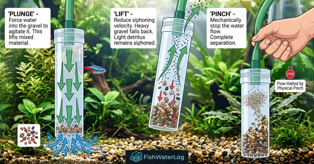 Diagram demonstrating the plunge, lift, and pinch technique to clean aquarium gravel without removing fish.