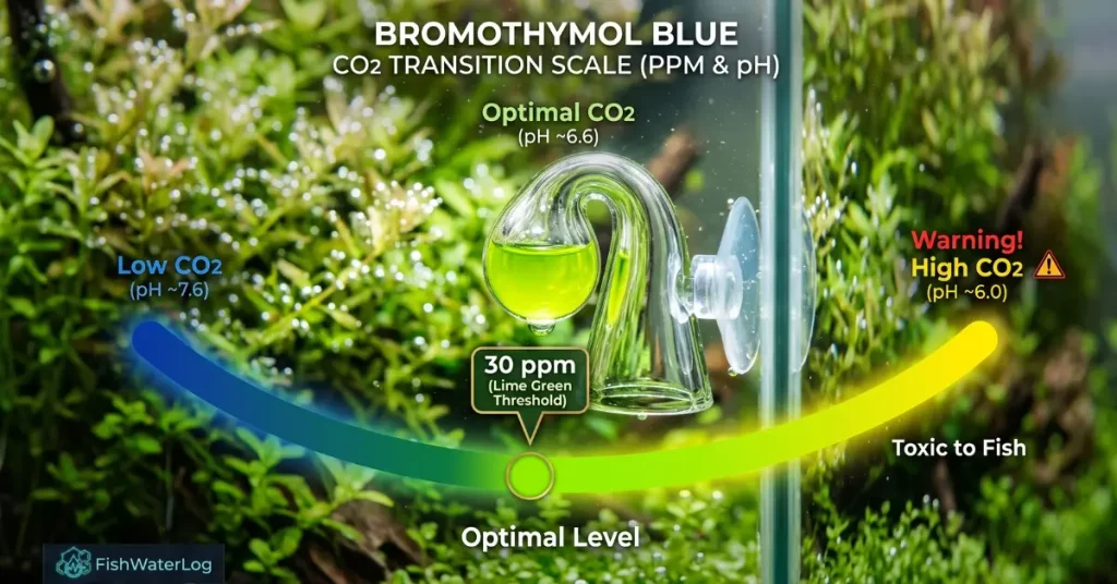 Bromothymol blue CO2 transition color scale for aquarium drop checker from blue to yellow