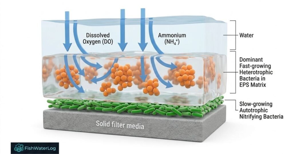 EPS biofilm matrix showing bacterial competition in an ecosystem in tank filter.