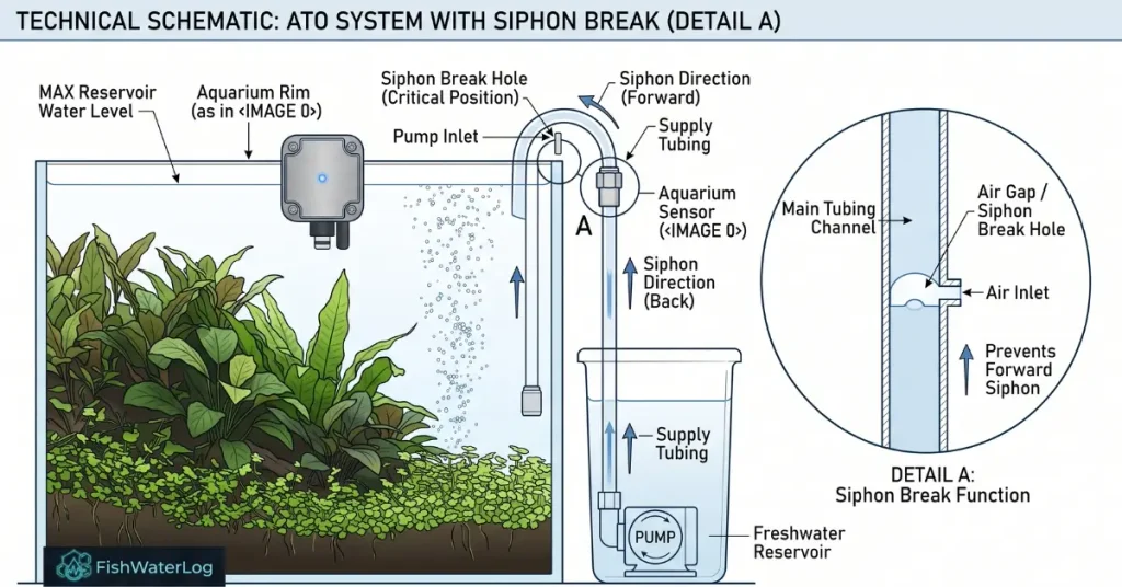 Technical schematic diagram of an ATO system showing pump placement and siphon break hole