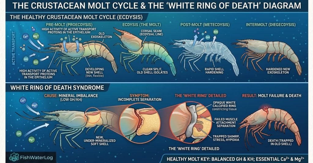 Diagram of the crustacean molt cycle and White Ring of Death syndrome in freshwater shrimp.