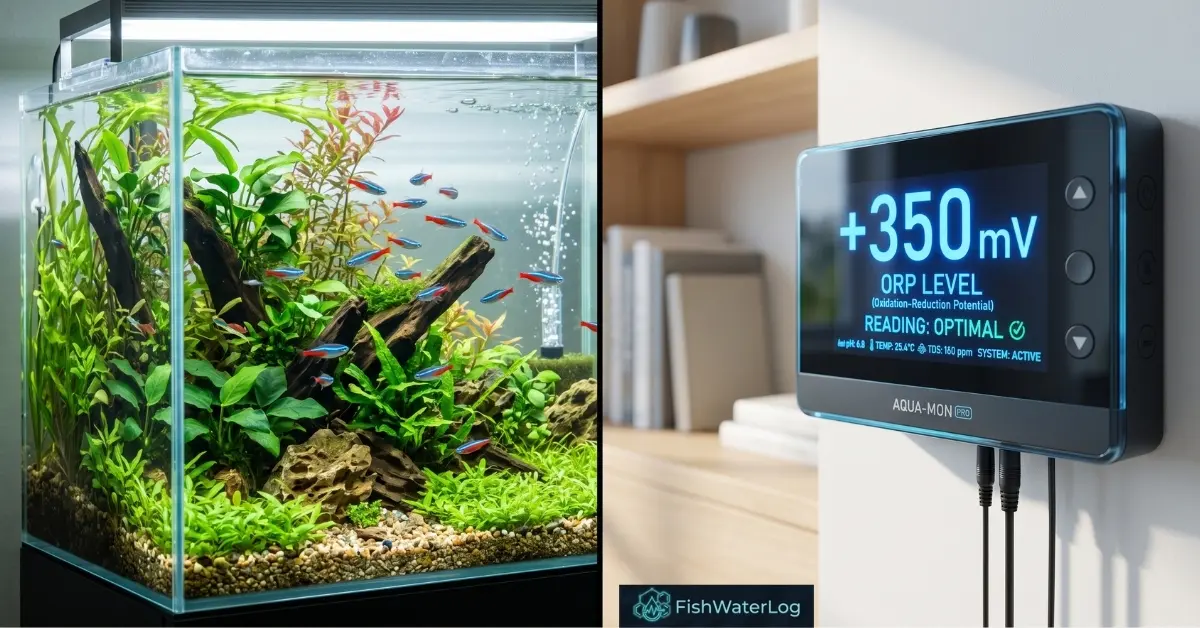 Aquarium redox potential digital telemetry monitor displaying +350 mV ORP next to a planted freshwater tank with neon tetras.