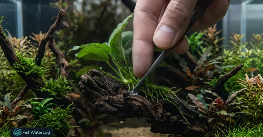 How to attach anubias to driftwood using aquarium safe cyanoacrylate super glue gel on the rhizome base.