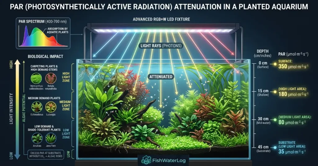 Infographic showing PAR light attenuation, spectrum distribution, and biological light zones in a planted aquarium.