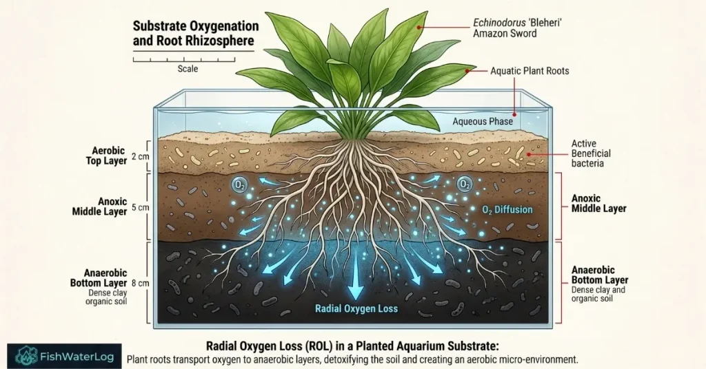 Planted aquarium substrate diagram showing radial oxygen loss from Amazon Sword roots across aerobic, anoxic, and anaerobic zones.