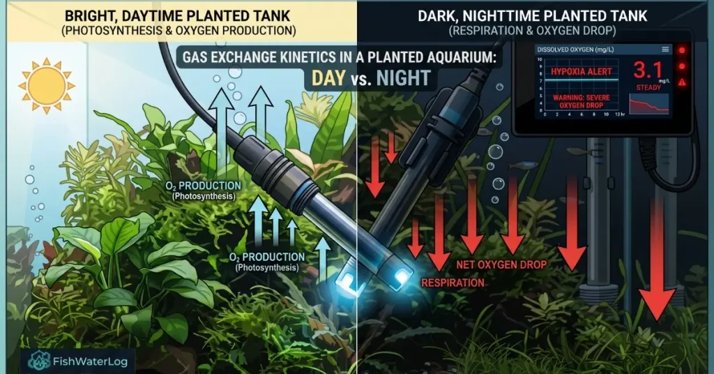 Split-screen infographic showing daytime photosynthesis vs nighttime oxygen drop monitored by an aquarium dissolved oxygen meter probe.