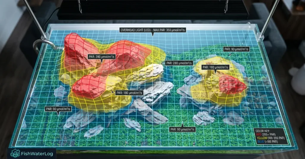 3D aquarium par meter mapping grid showing PPFD values and hardscape shadow distribution across substrate.