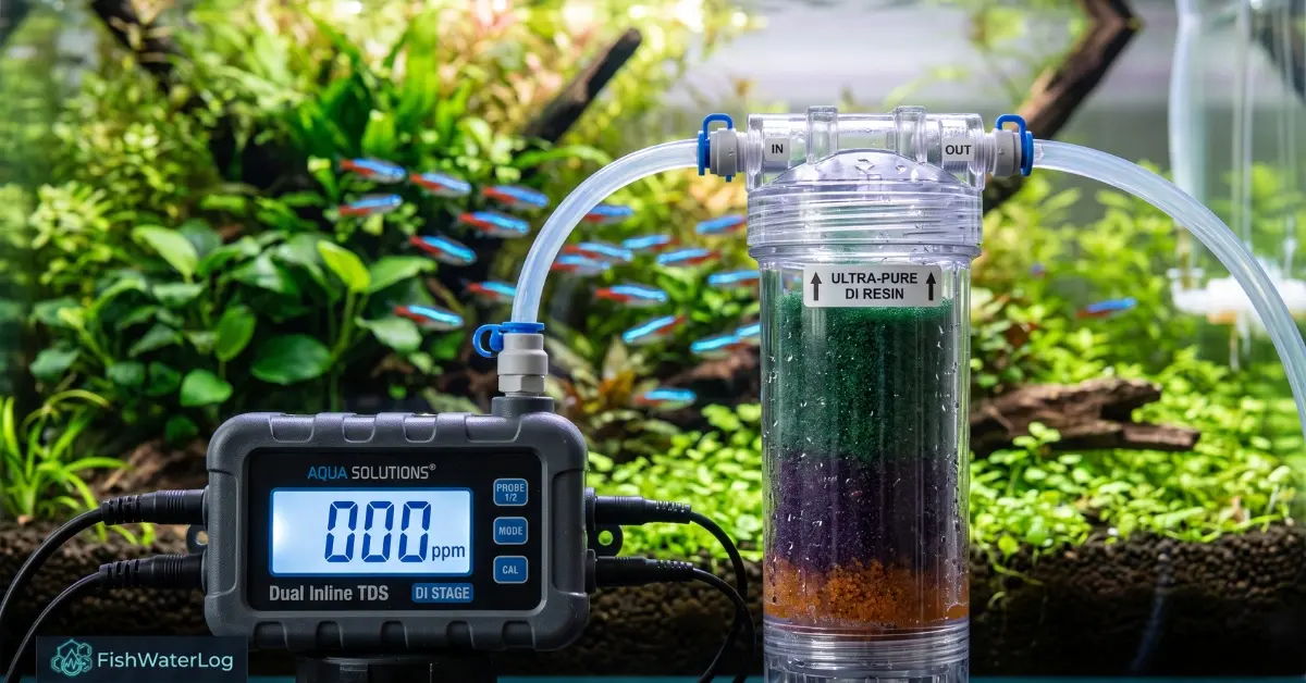 Dual inline digital TDS meter displaying 0 ppm connected to a deionization DI resin canister to prevent tds creep in aquarium ro di systems.