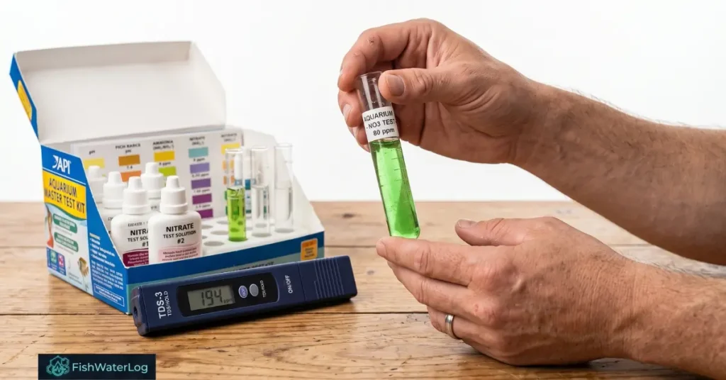 Aquarist performing aquarium GH water testing using a liquid titration test kit and digital TDS meter.
