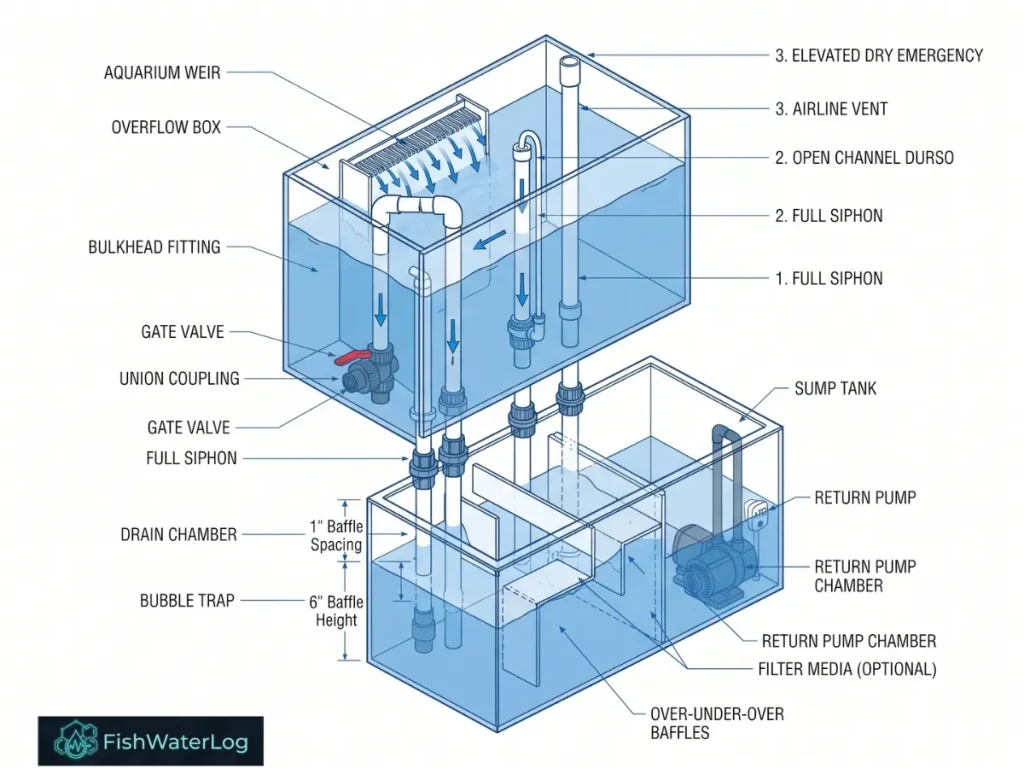 Technical CAD schematic diagram of a beananimal overflow plumbing system connected to a freshwater sump