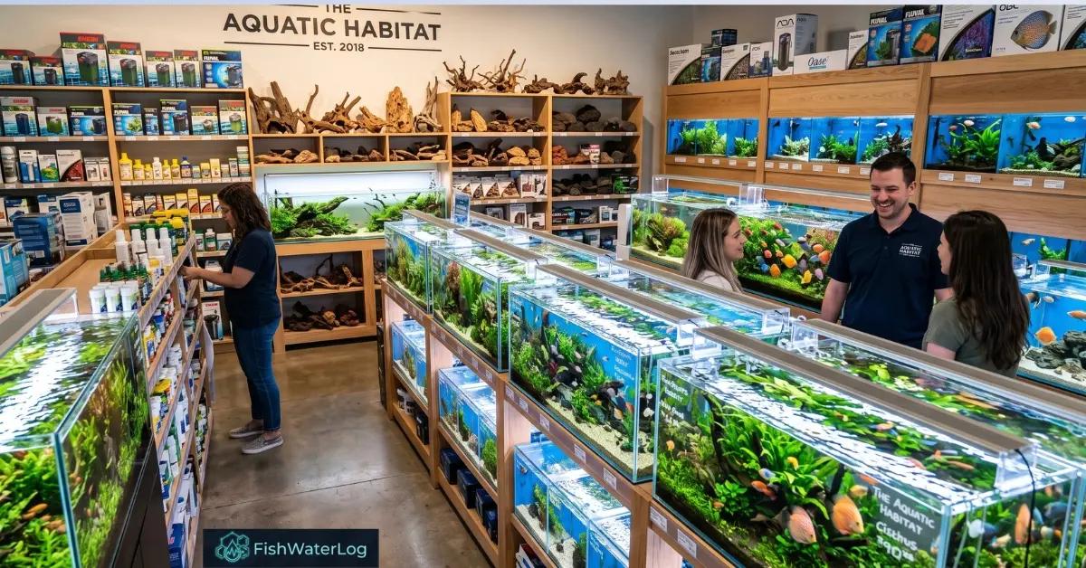 Modern interior of the best aquarium shop near me featuring rows of clean planted aquariums, hardscape driftwood, and premium supplies.