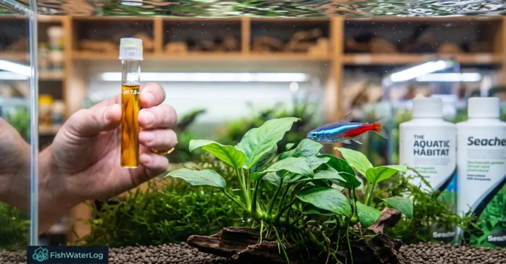 Liquid reagent water test tube held near a vibrant neon tetra and lush live plant in a clean display tank at the best aquarium shop near me.
