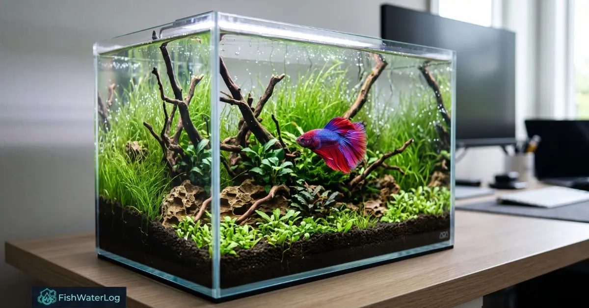 Male Betta splendens swimming in an aquascaped desktop setup, representing the best nano fish for 5 galon tank systems.