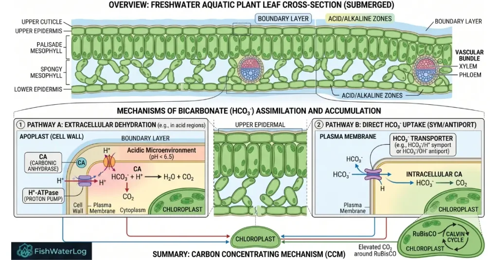 Diagram illustrating bicarbonate assimilation mechanisms, carbonic anhydrase dehydration, and leaf boundary layer dynamics in submerged aquatic plants
