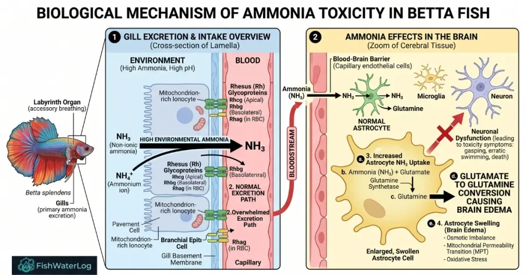 Vector diagram showing the biological mechanism of ammonia toxicity and neurological astrocyte swelling in Betta splendens