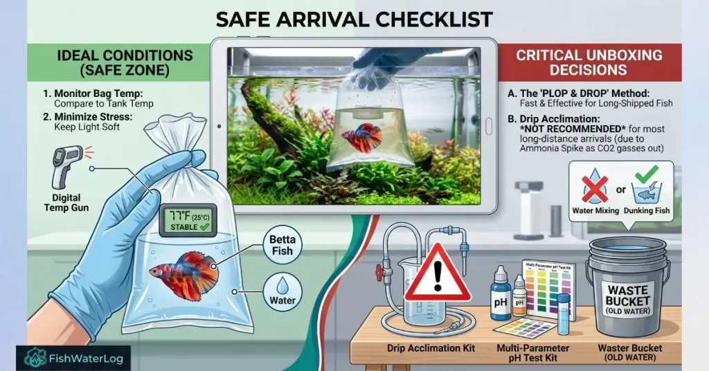 Safe arrival checklist infographic illustrating bag temperature verification and unboxing decisions to buy live fish online safely   