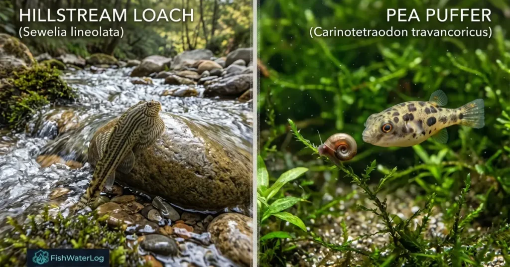 Split screen comparison of a Hillstream Loach and Pea Puffer, showcasing cool freshwater fish for home aquariums and unique freshwater aquarium fish.
