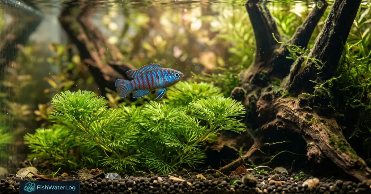 A vibrant Scarlet Badis swimming in a planted tank, highlighting cool freshwater fish for home aquariums and unique freshwater aquarium fish.