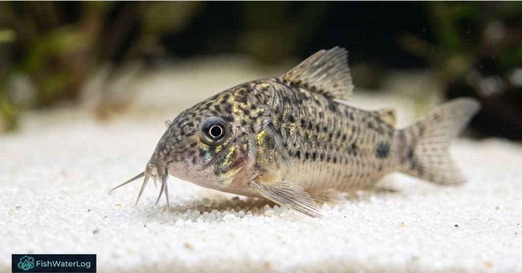 Macro close-up of a Corydoras catfish resting on smooth white sand, demonstrating safe substrate mechanics for beginner tropical fish.