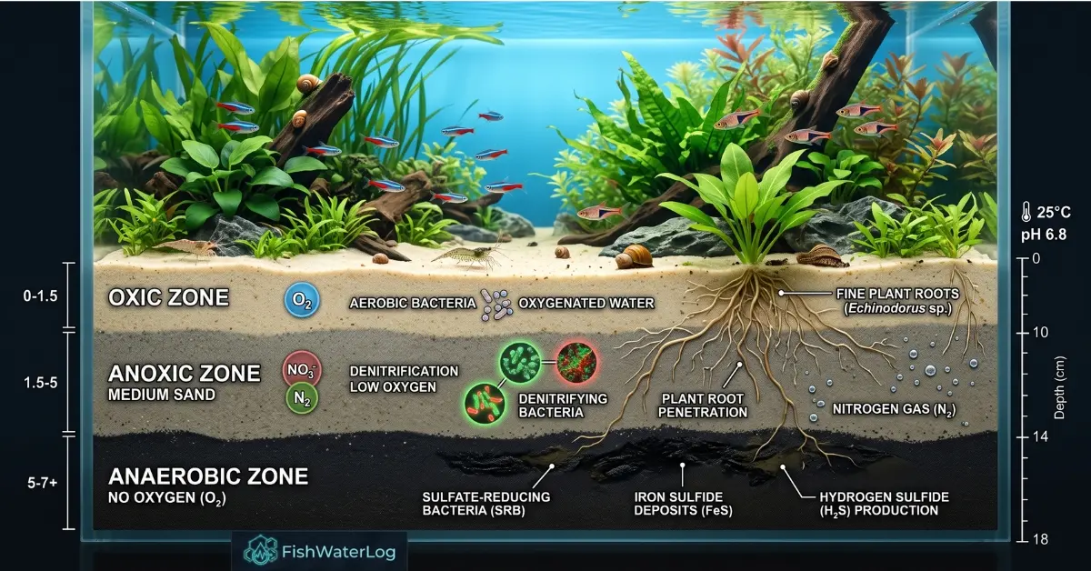 Freshwater deep sand bed denitrification cross section showing oxic, anoxic, and anaerobic strata with plant roots and bacterial colonies.