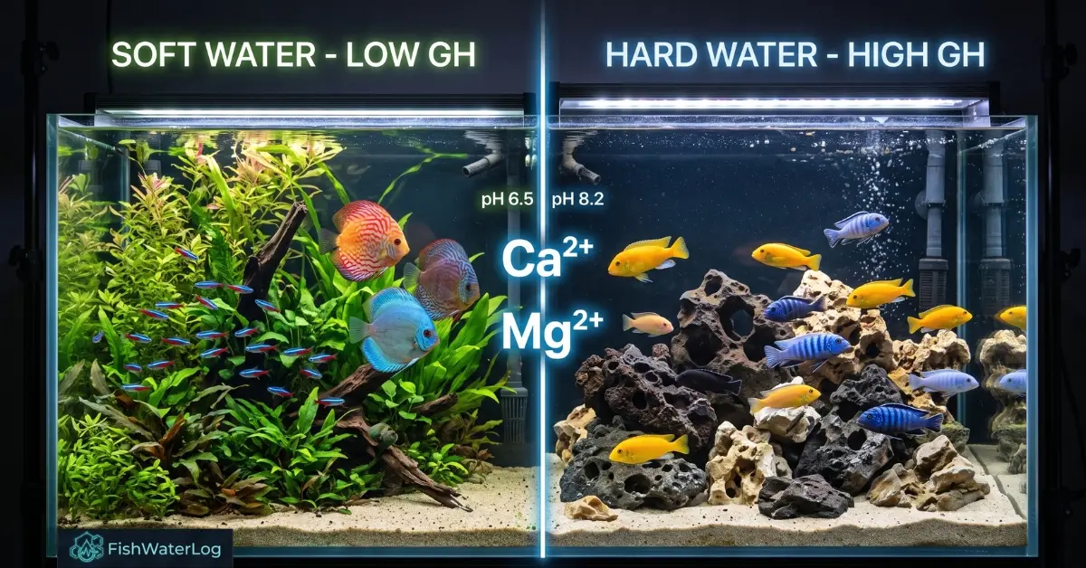Comparison of low aquarium GH soft water planted tank and high GH African cichlid hard water aquarium.