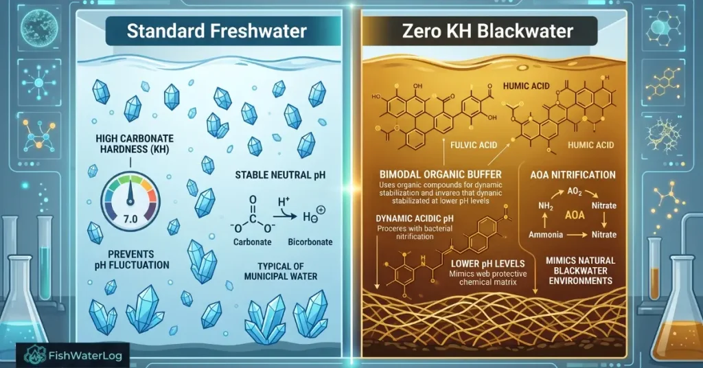 Infographic comparing mineral carbonate buffers in standard freshwater vs bimodal organic humic acid buffers for managing pH crash in zero KH blackwater tank