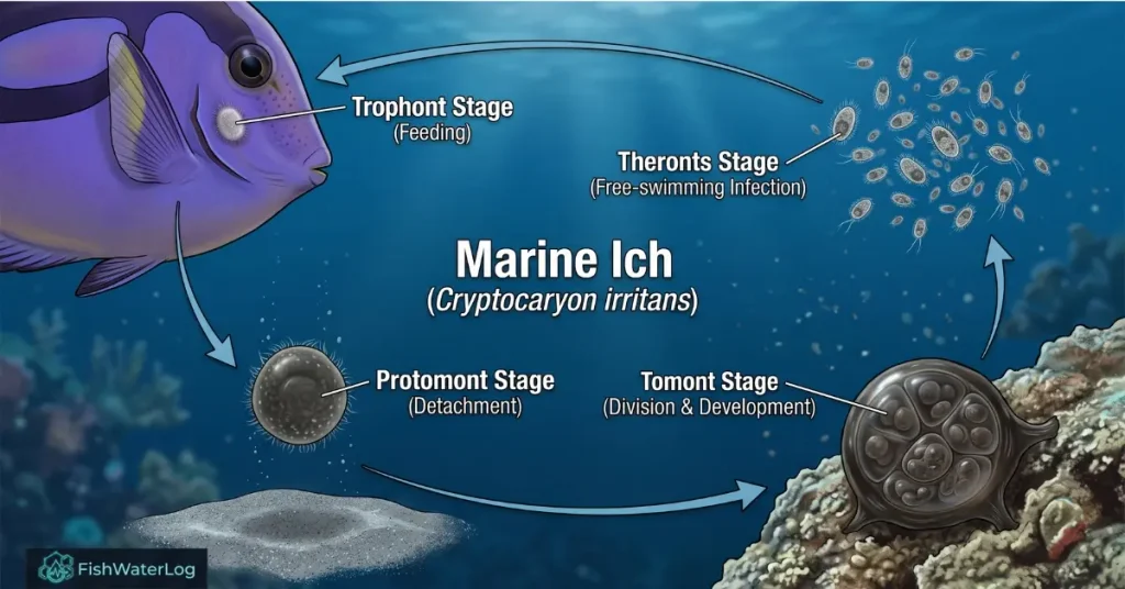 Life cycle diagram of marine ich Cryptocaryon irritans showing the trophont, protomont, tomont, and theront infection stages.