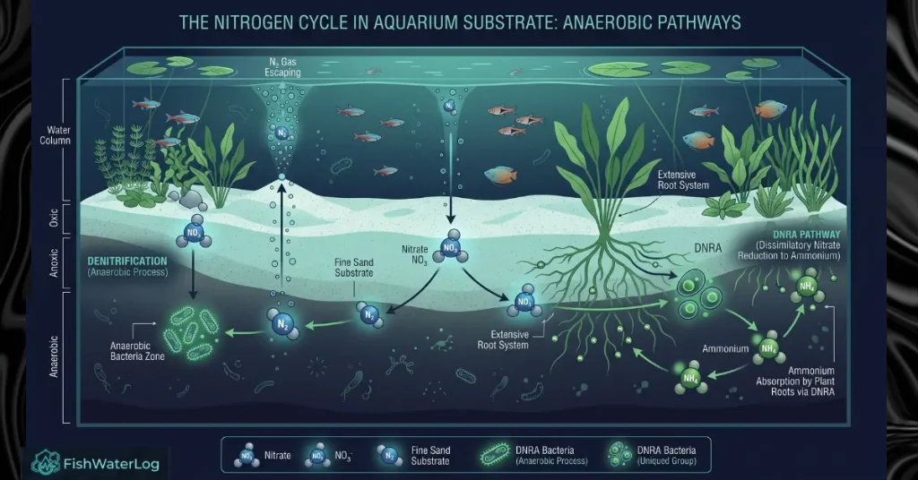 The nitrogen cycle in aquarium substrate showing anaerobic denitrification releasing N2 gas and the DNRA pathway producing ammonium for plant roots.