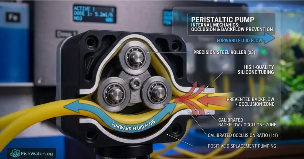 Internal mechanics of an aquarium peristaltic dosing pump head showing roller occlusion and peristaltic pump tubing backflow prevention