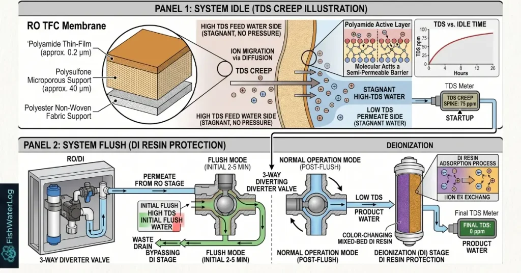 Technical engineering schematic illustrating idle solute diffusion across an RO membrane and bypass flush valve plumbing to prevent tds creep in aquarium ro systems.