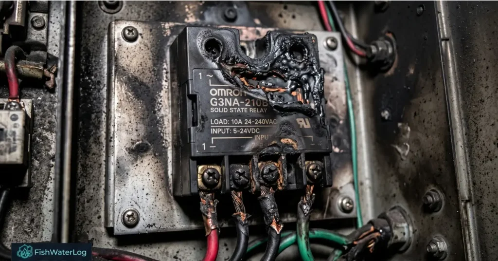 Burned and melted solid-state relay demonstrating catastrophic solid state relay failure modes and thermal breakdown in an electrical enclosure.