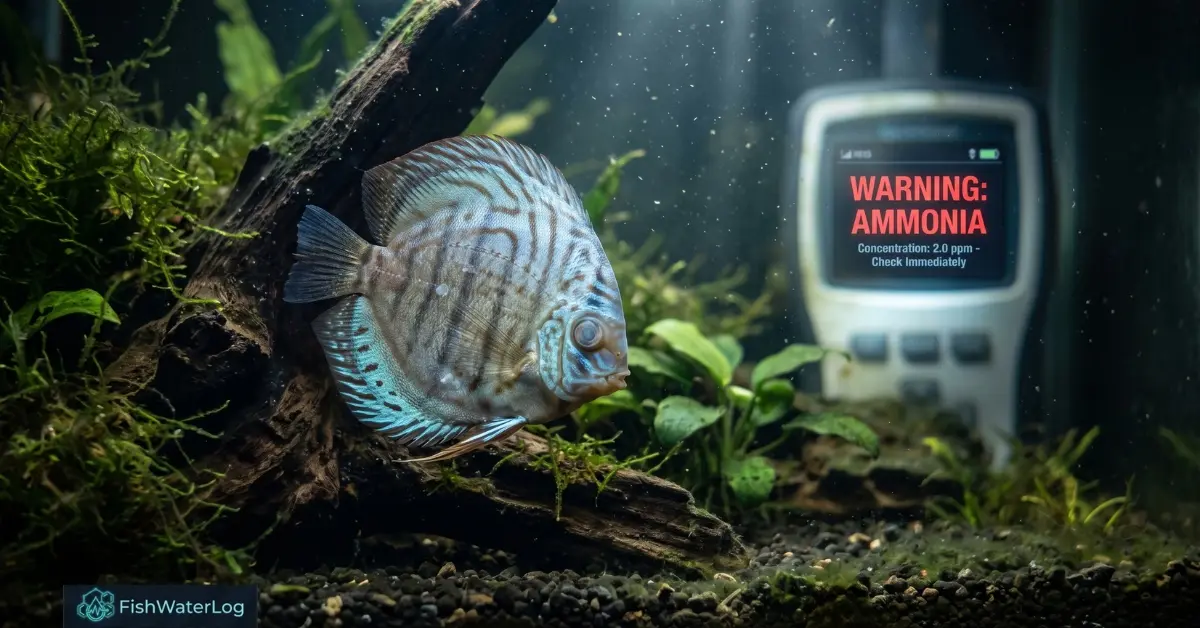 Symptoms of stress in freshwater fish showing a clamped Discus near an ammonia warning display.