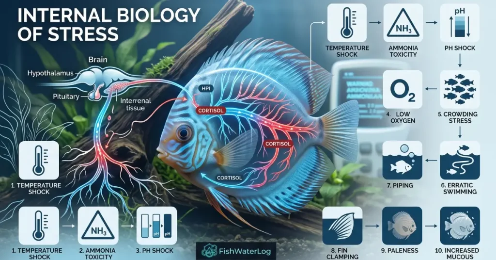 Internal biology of stress infographic showing teleost HPI axis activation and cortisol release pathways.