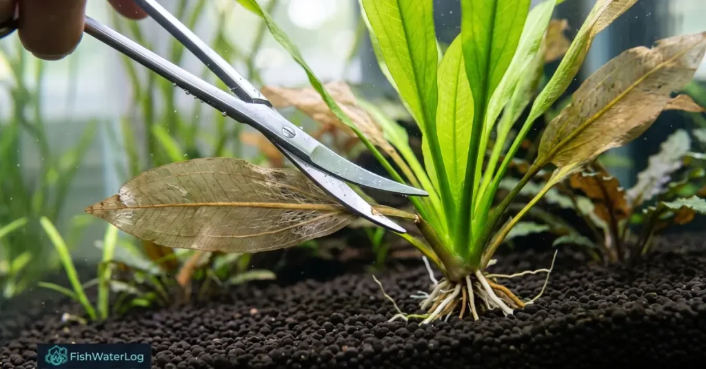 Aquarium plant melt recovery: precision pruning of a translucent necrotic outer leaf at the petiole base while preserving the green crown and root network
