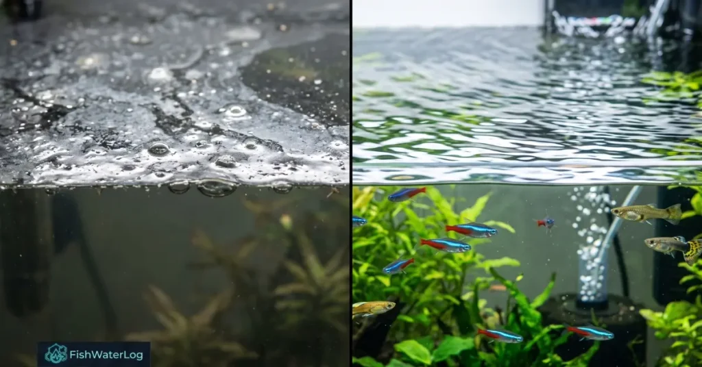Comparison between thick cloudy aquarium surface scum trapping bubbles and clean rippling water with active fish