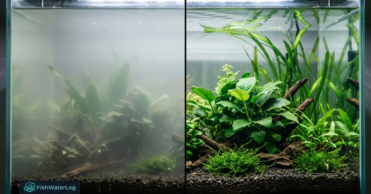 Side-by-side comparison of aquarium water cloudy white from a bacterial bloom versus restored crystal-clear planted tank water.