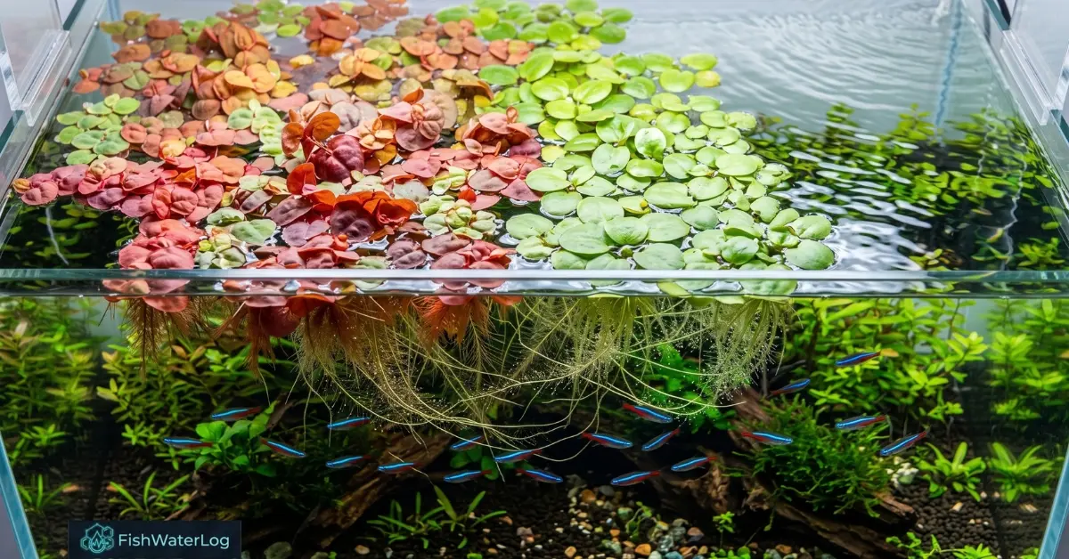 Best floating plants for aquarium aeration featuring Amazon Frogbit and Red Root Floaters with submerged roots