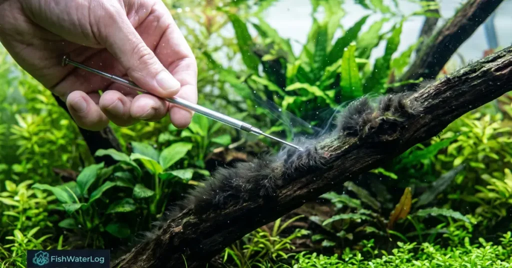 Macro view of an aquarist performing a black beard algae spot treatment underwater using a precision applicator on infested driftwood in a planted aquarium.