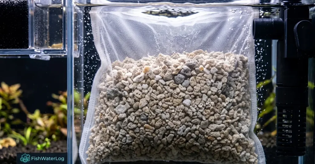 Mesh filter media bag filled with coarse crushed coral and aragonite in an aquarium filter chamber providing a natural low kh aquarium fix.