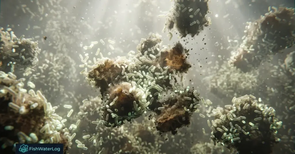 Microscopic view of a heterotrophic bacterial bloom causing aquarium water cloudy white around dissolved organic carbon particles.
