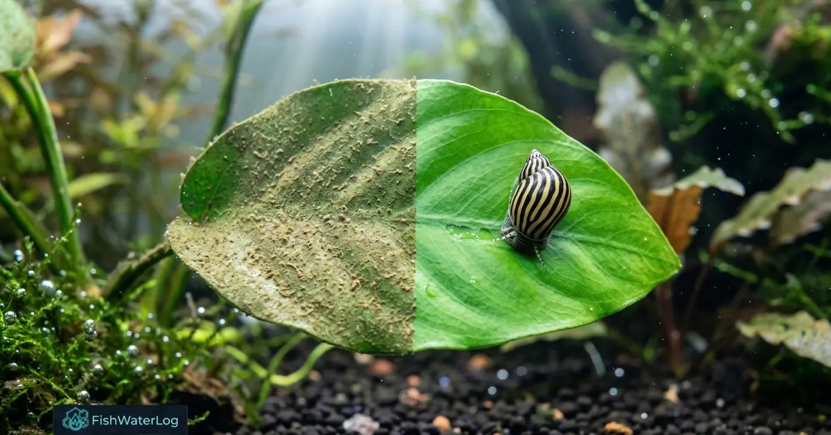 How to get rid of brown algae in tank showing Nerite snail cleaning diatoms off an Anubias leaf