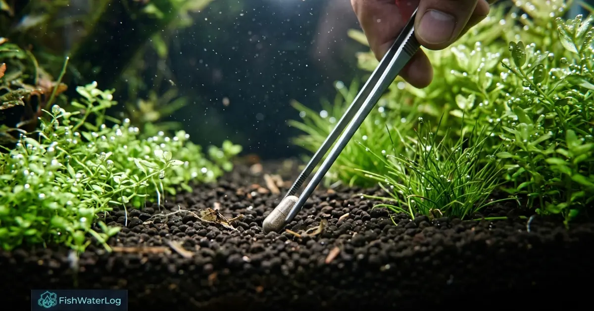 Inserting a fertilizer root tab deep into depleted aquasoil using stainless steel pinsettes to recharge old aquarium soil for healthy planted tank growth.
