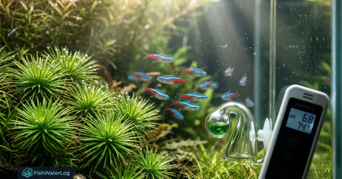 A planted freshwater aquarium showing neon tetras and Eriocaulon with a CO2 drop checker representing a low kh aquarium fix and pH stability.
