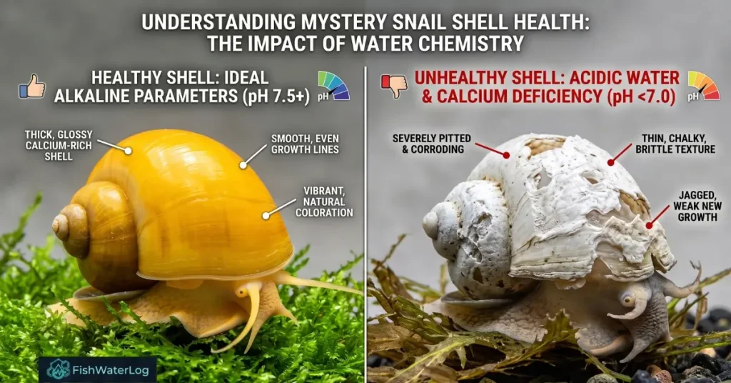 Mystery snail shell health comparison showing healthy shell in alkaline water versus corroded pitted shell from calcium deficiency.