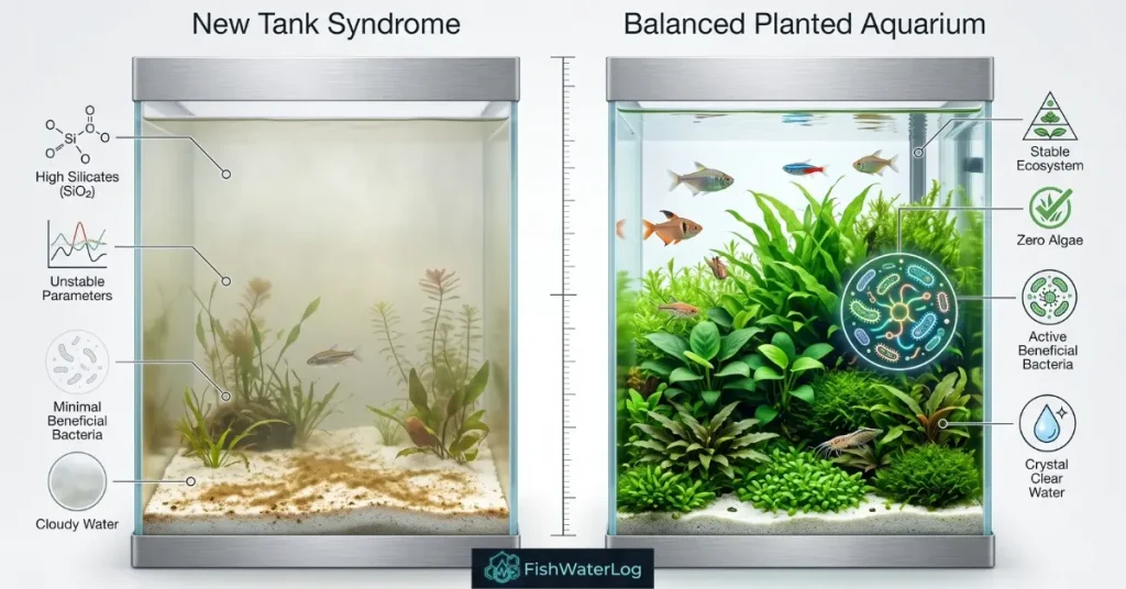 New tank syndrome brown algae and silicates compared to a balanced planted aquarium infographic