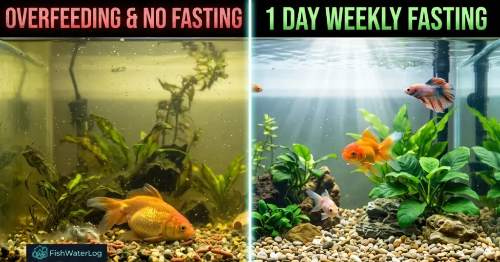 Comparison of cloudy overfed tank versus clear aquarium demonstrating the benefits of fasting aquarium fish once a week