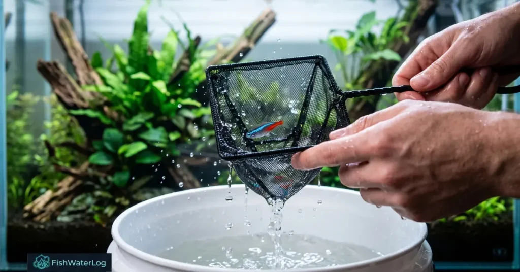 Plop and drop method netting neon tetra over a wastewater bucket before transferring to the aquarium.
